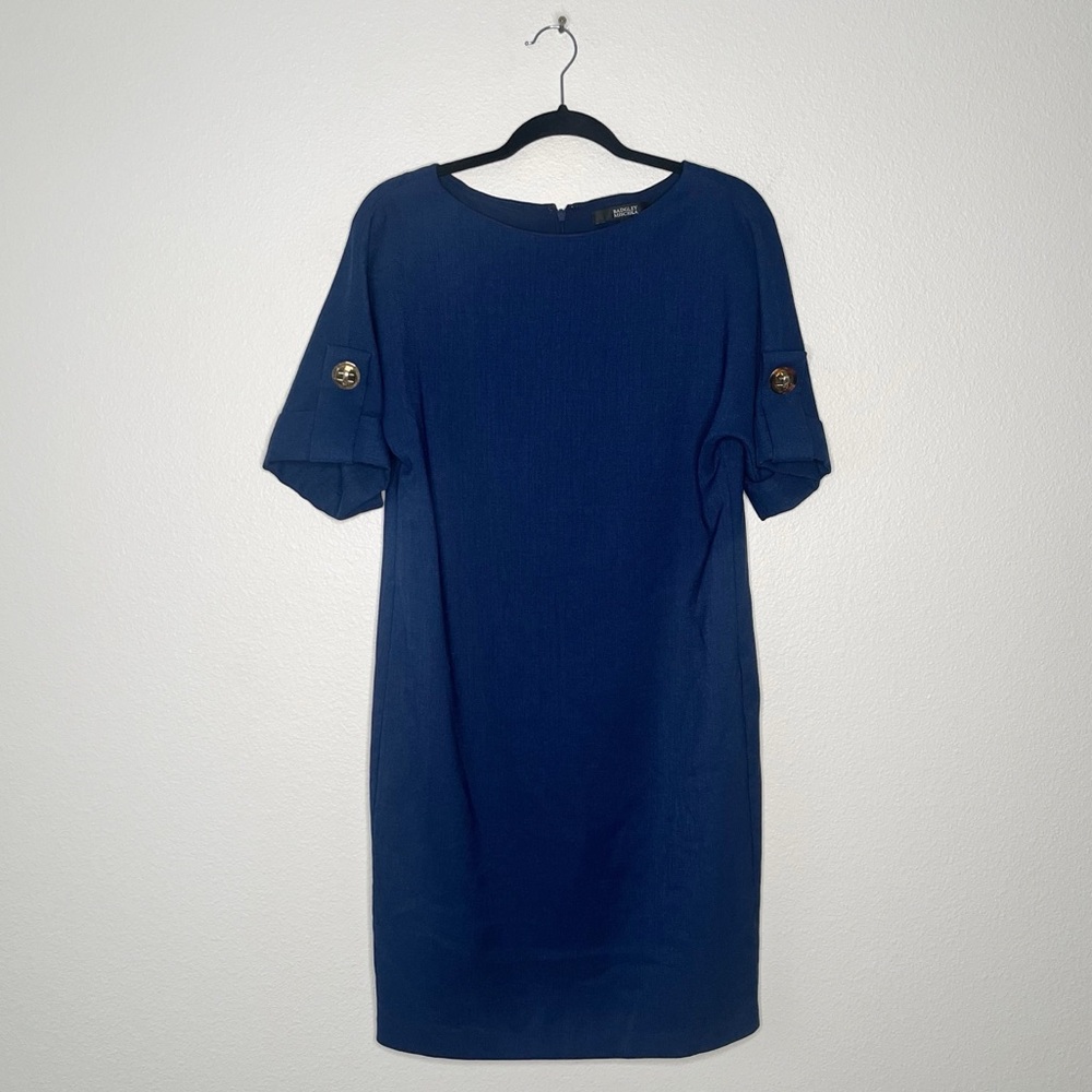 Badgley Mischka Navy Blue Roll-Tab-Sleeve Shift Dress Size 4 Chic Workwear